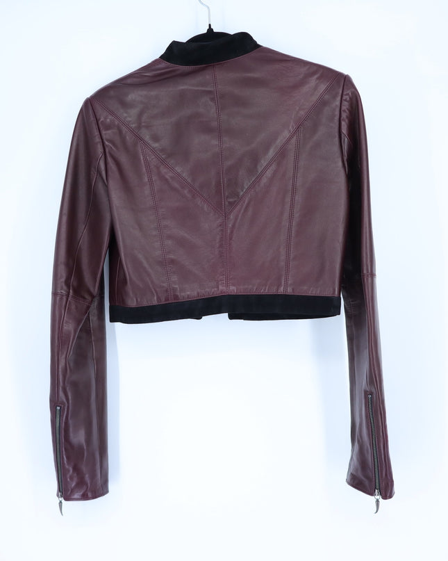 MATHIEU MIRANO Leather Cropped Jacket Maroon and Black Long Sleeve Women's S