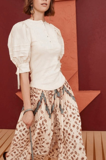 ULLA JOHNSON NWT Iman Poplin Sleeve Top Cream Henley Ribbed Women's P/US 0-00