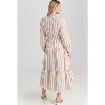 Mille Natalia Midi Dress Beige White Stripe NWT Tasseled Tiered Women's XS