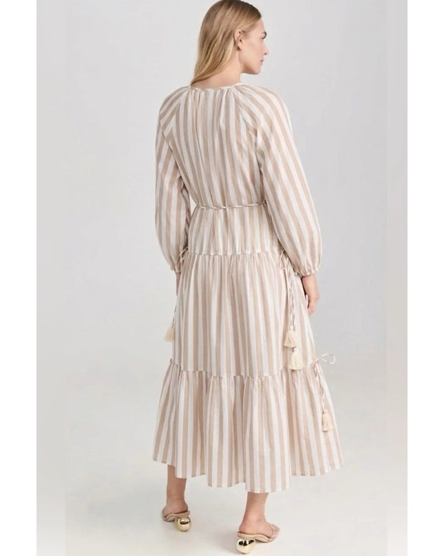 Mille Natalia Midi Dress Beige White Stripe NWT Tasseled Tiered Women's XS