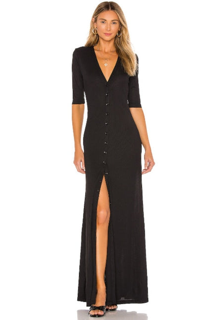 L'ACADEMIE The Esperanza Maxi Dress Black Ribbed Half Sleeve Women's S