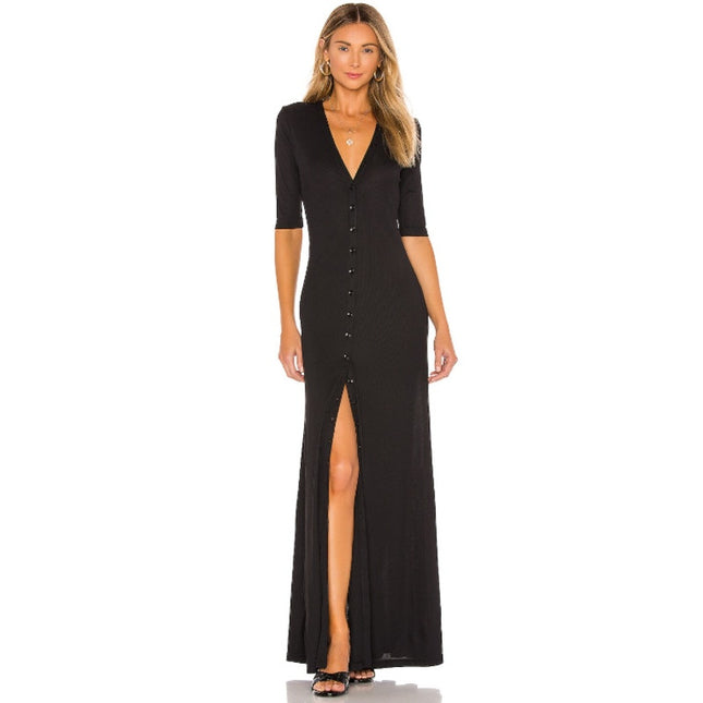 L'ACADEMIE The Esperanza Maxi Dress Black Ribbed Half Sleeve Women's S