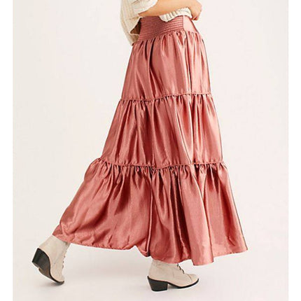 FREE PEOPLE Moonbeam Metallic Tiered Skirt Rose Gold Full Length Women's S