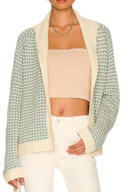 THE GREAT. Minicheck Lodge Cardigan Sweater Morning Sky Open Front Women's 0 XS
