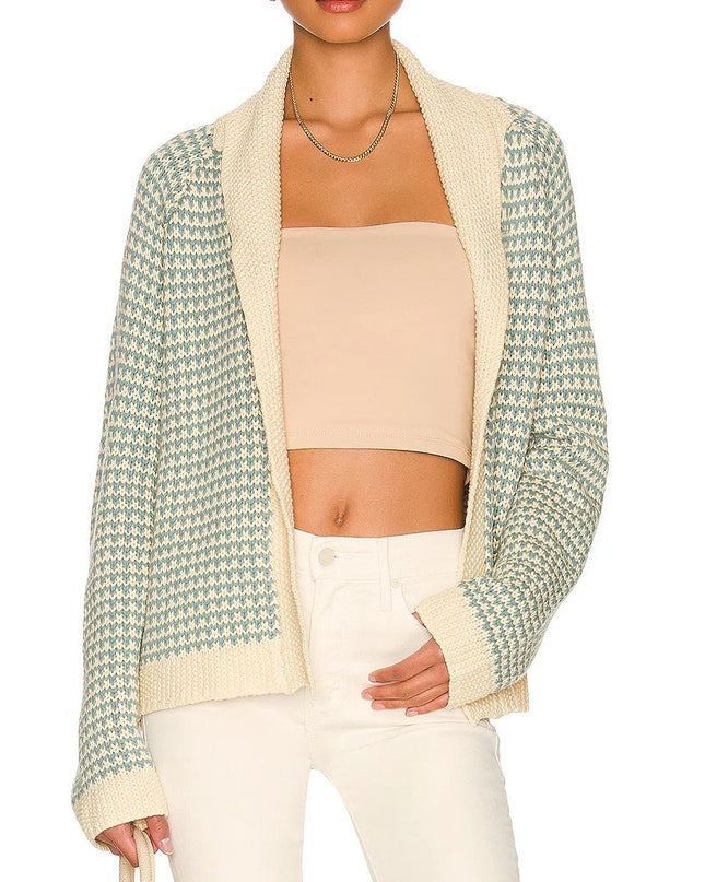 THE GREAT. Minicheck Lodge Cardigan Sweater Morning Sky Open Front Women's 0 XS