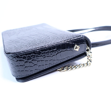 JIMMY CHOO Palace Croc-Embossed Crossbody Purse Black Leather and Chain Strap