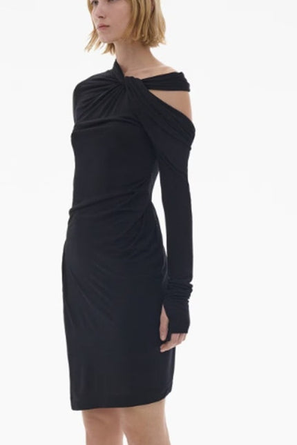 HELMUT LANG Black Asymmetric Mini Dress NWT Twisted Long Sleeve Women's M
