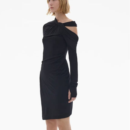 HELMUT LANG Asymmetric Mini Dress NWT Black Twisted Long Sleeve Women's M