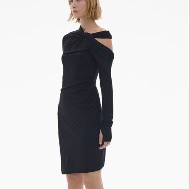 HELMUT LANG Asymmetric Mini Dress NWT Black Twisted Long Sleeve Women's M