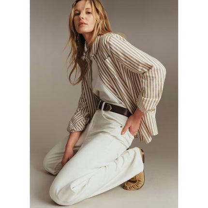 Sezane Tomboy Shirt Ecru Camel Stripes Button Up Long Sleeve Women's 44/US 12