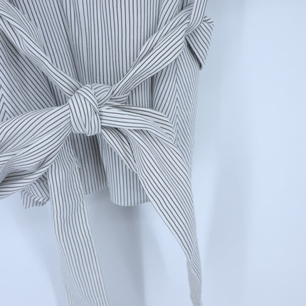 Vince Self Tie V Neck Blouse White Gray Striped Cuffed Sleeve Women's L