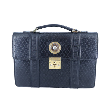 Versace Sunburst Leather Briefcase Vintage Black Embossed Gold & Silver