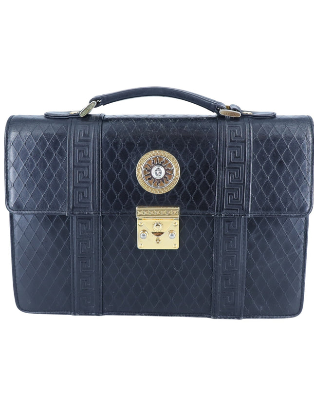 Versace Sunburst Leather Briefcase Vintage Black Embossed Gold & Silver