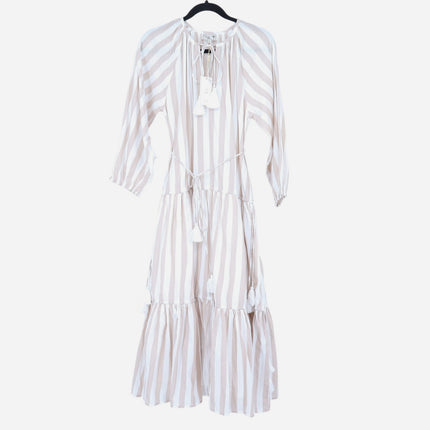 Mille Natalia Midi Dress Beige White Stripe NWT Tasseled Tiered Women's XS