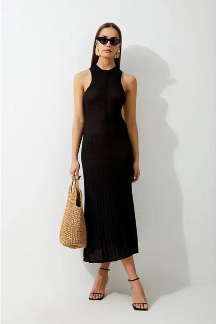 KAREN MILLEN NWT Linen Blend Racer Neck Knit Dress Black Full Skirt Women's XS