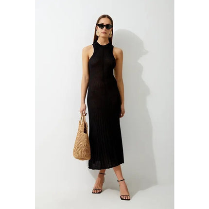 KAREN MILLEN Linen Blend Racer Neck Knit Dress NWT Black Full Skirt Women's XS