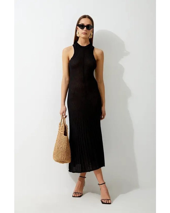 KAREN MILLEN Linen Blend Racer Neck Knit Dress NWT Black Full Skirt Women's XS