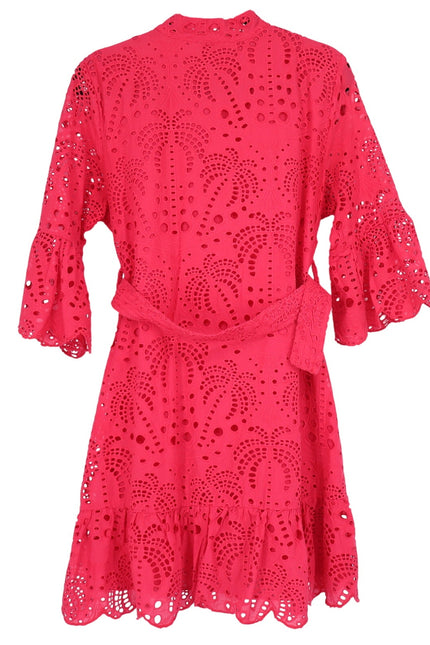 FARM RIO Red Palm Tree Eyelet Mini Dress Belted Long Sleeve Women's M