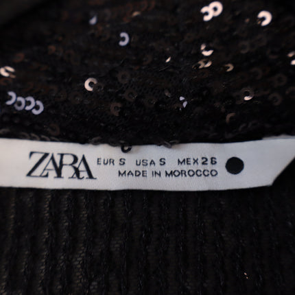 ZARA Draped Sequin Blouse Black Surplice V-Neckline Long Sleeve Women's S