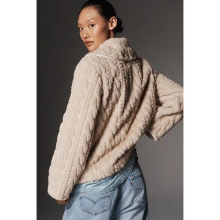 Avec Les Filles Faux Fur Cable Knit Jacket Beige Button Up Collared Women's XS