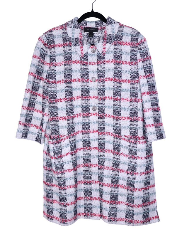 ST. JOHN Plaid Longline Jacket Multicolor Tweed Straight Cut Unlined Women's 18