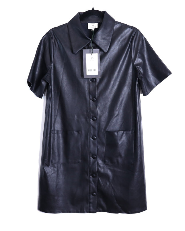 TUCKERNUCK Leather Violetta Shirt Dress NWT Black Short Sleeves Women's M