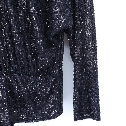 ZARA Draped Sequin Blouse Black Surplice V-Neckline Long Sleeve Women's S