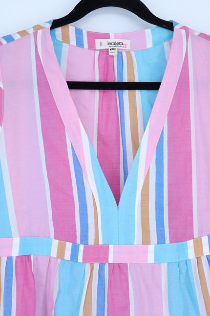 LEMLEM Liya Kebede Tiered Dress Striped Pink Multi Midi Flutter Sleeve Women's M