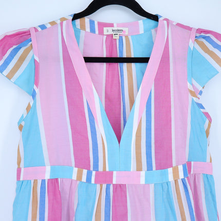 LEMLEM Liya Kebede Tiered Dress Striped Pink Multi Midi Flutter Sleeve Women's M