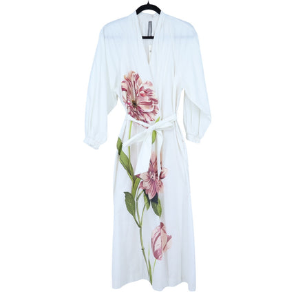 ANTHROPOLOGIE Belted V-Neck Midi Dress White Floral NWT Long Sleeve Women's XS