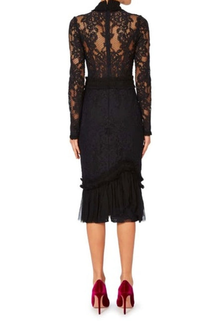 ALEXIS Black Anabella Lace Sheath Dress Long Sleeve Ruffle Knee Length Women's M