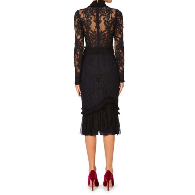 ALEXIS Anabella Lace Sheath Dress Black Long Sleeve Ruffle Knee Length Women's M