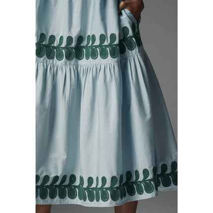 by ANTHROPOLOGIE Embroidered Midi Dress Light Blue Puff Sleeve Women's XS