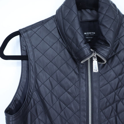 Worth New York Quilted Faux Leather Vest Black Full Zip Collared Women's XSP