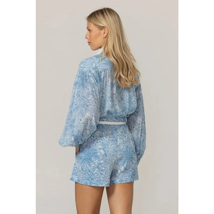 MISS JUNE Mona Button Up Blouse Blue Printed Cotton Short Sleeve Women's S/M