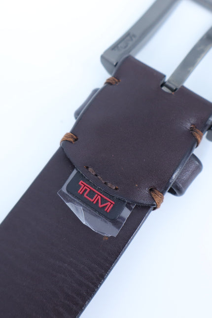 TUMI Brown Leather Belt with Gunmetal Buckle Men's 40