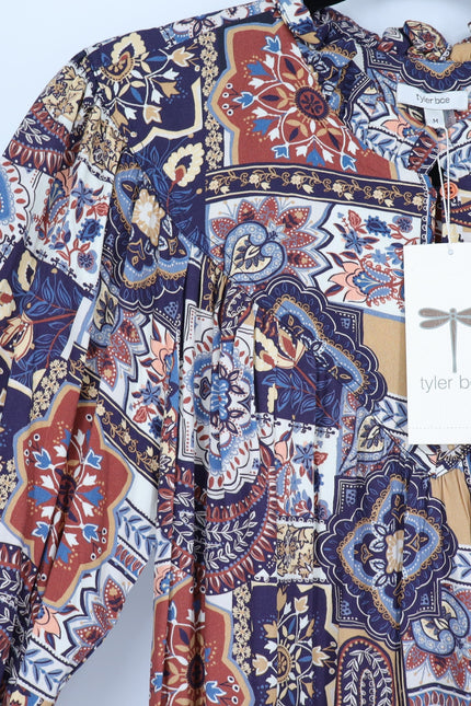 TYLER BOE Michelle Patchwork Mini Dress Brown Multi NWT Popover Ruffle Women's M