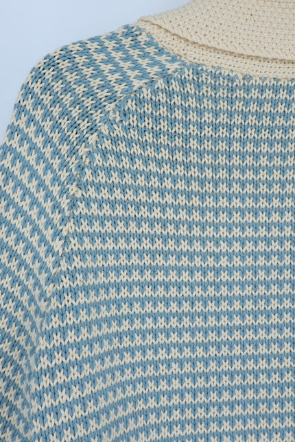 THE GREAT. Minicheck Lodge Cardigan Sweater Morning Sky Open Front Women's 0 XS