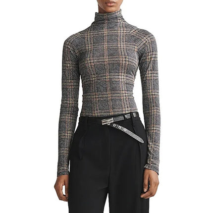 Rag & Bone Shaw Plaid Turtleneck Top Black Multi Long Sleeve Women's S