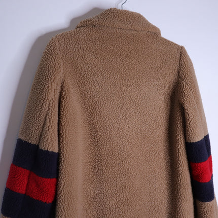 BODEN Hereford Teddy Bear Coat Tan Long Sleeve Elbow Stripes Women's 2