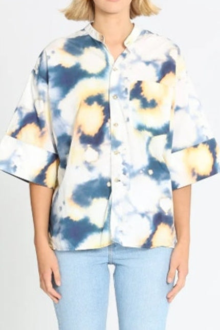 BASSIKE Boxy Collarless Shirt Blue Tie Dye Half Sleeve Casual Women's 3/US 8