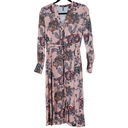 Scotch & Soda Printed Silk Midi Dress Pink Waist Tie Long Sleeve Women's XS