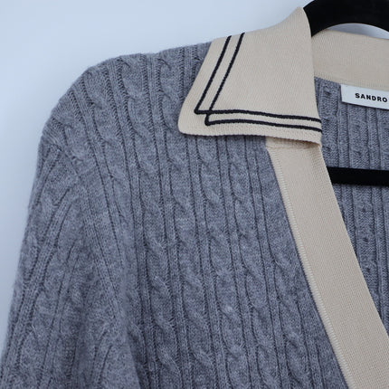 Sandro Nea Cable Knit Sweater Gray and Tan Collared Long Sleeve Women's 1/US S