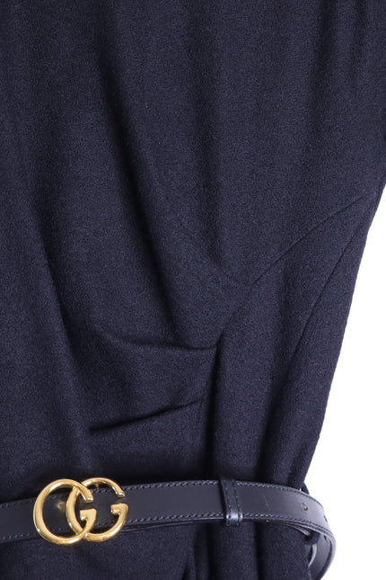 GUCCI Wool Surplice GG Belted Sheath Dress Black Short Sleeve Women's M