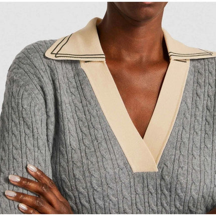 Sandro Nea Cable Knit Sweater Gray and Tan Collared Long Sleeve Women's 1/US S