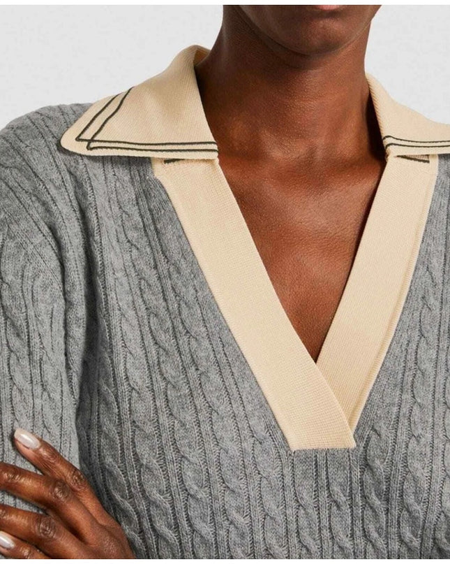Sandro Nea Cable Knit Sweater Gray and Tan Collared Long Sleeve Women's 1/US S