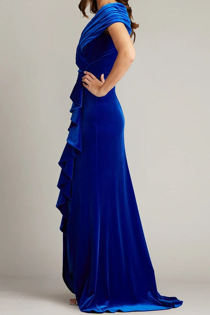 TADASHI SHOJI Alvarez Velvet Waterfall Drape Gown Bluebell Women's L