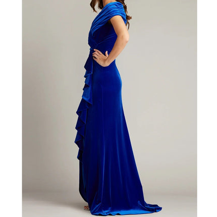 TADASHI SHOJI Alvarez Velvet Waterfall Drape Gown Bluebell Women's L