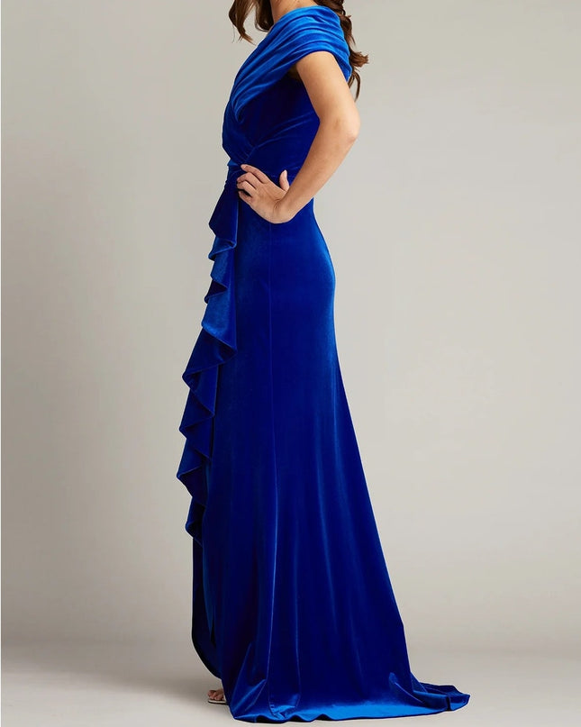 TADASHI SHOJI Alvarez Velvet Waterfall Drape Gown Bluebell Women's L