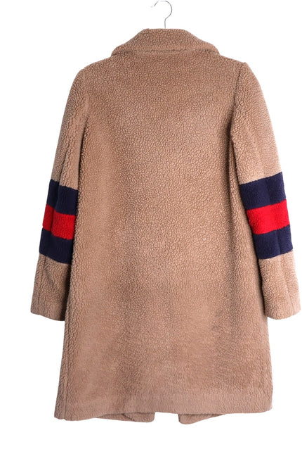BODEN Hereford Teddy Bear Coat Tan Long Sleeve Elbow Stripes Women's 2